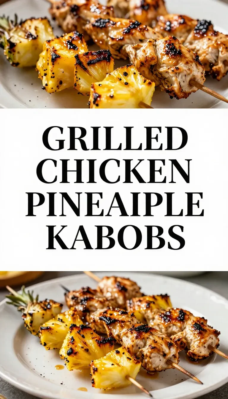 Grilled chicken and pineapple kabobs served on a white plate with fresh herbs.
