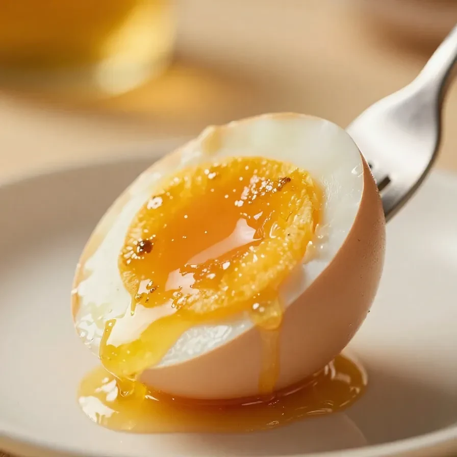 Close-up of perfectly jammy soft-boiled eggs sliced open on a plate.