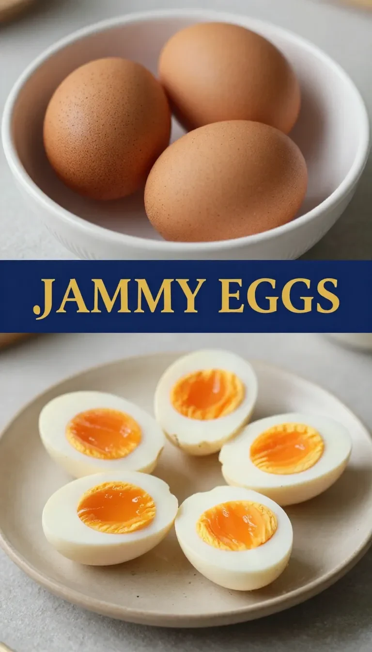 Close-up of perfectly jammy soft-boiled eggs sliced open on a plate.