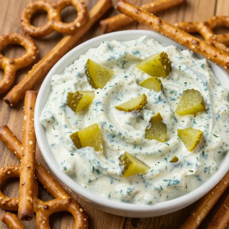 A bowl of creamy dill pickle dip garnished with fresh dill and served with crackers.