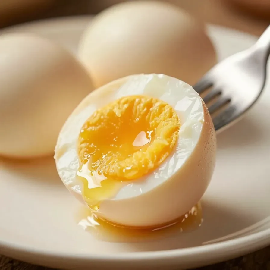 A perfectly boiled egg cut in half with a soft yolk, inspired by TikTok trends.