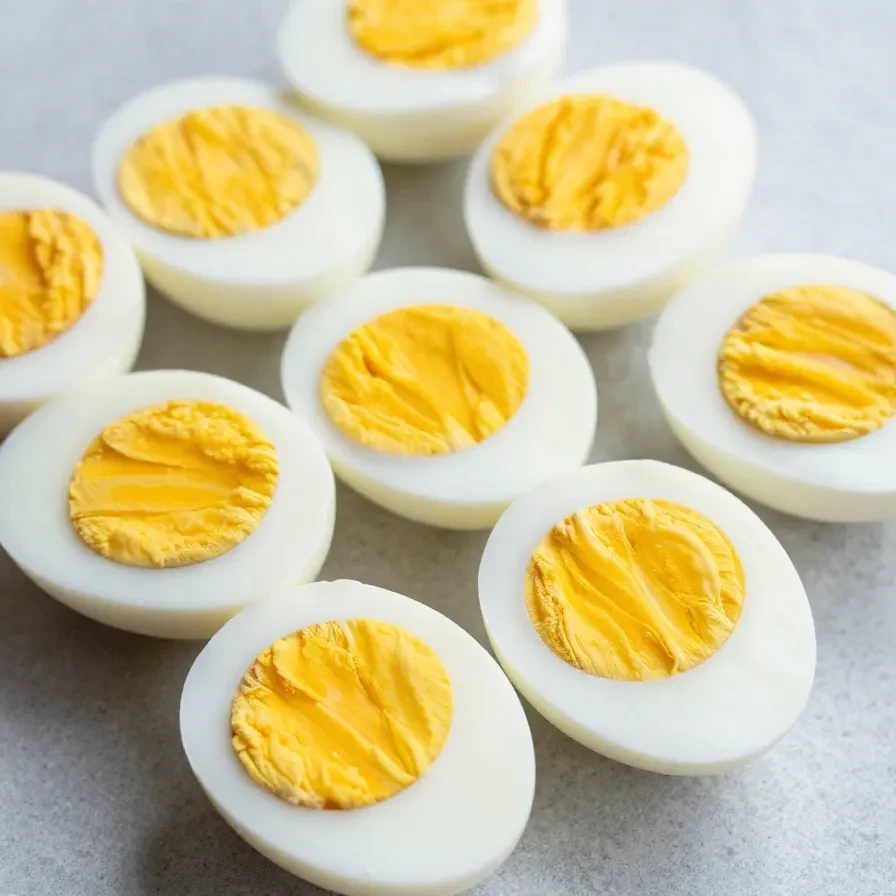 A close-up of perfectly hard-boiled eggs sliced in half, showing their bright yellow yolks.