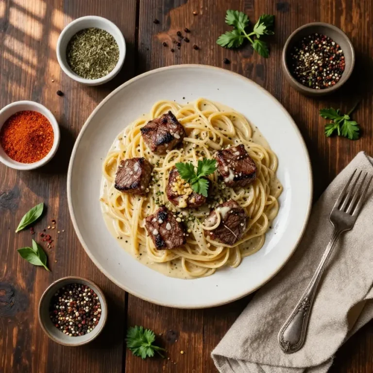 A plate of creamy garlic butter steak bites served over pasta, garnished with parsley.