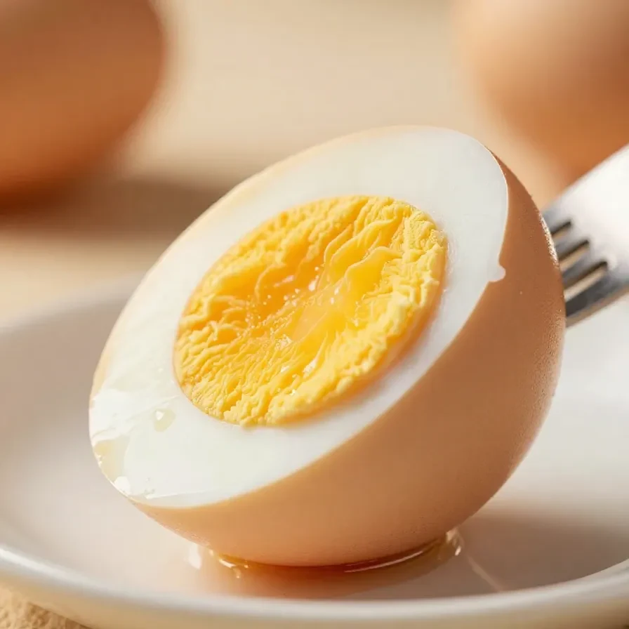 A close-up of perfectly hard-boiled eggs sliced in half, showing their bright yellow yolks.