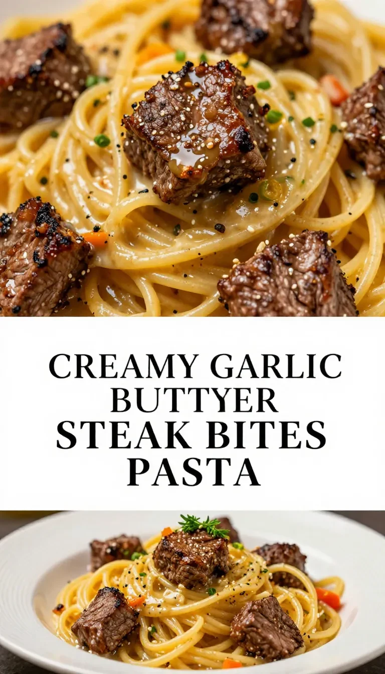 A plate of creamy garlic butter steak bites served over pasta, garnished with parsley.