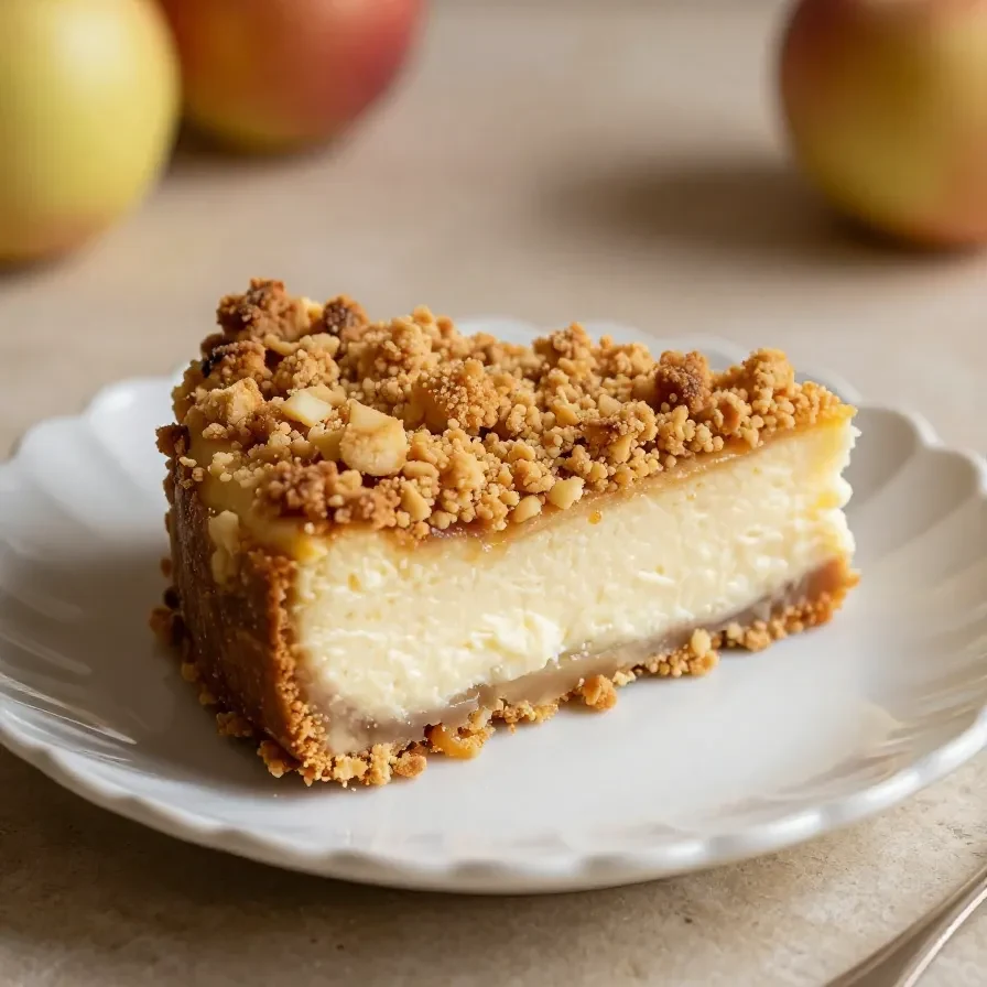 A slice of apple crumble cheesecake served on a white plate, topped with caramel sauce.