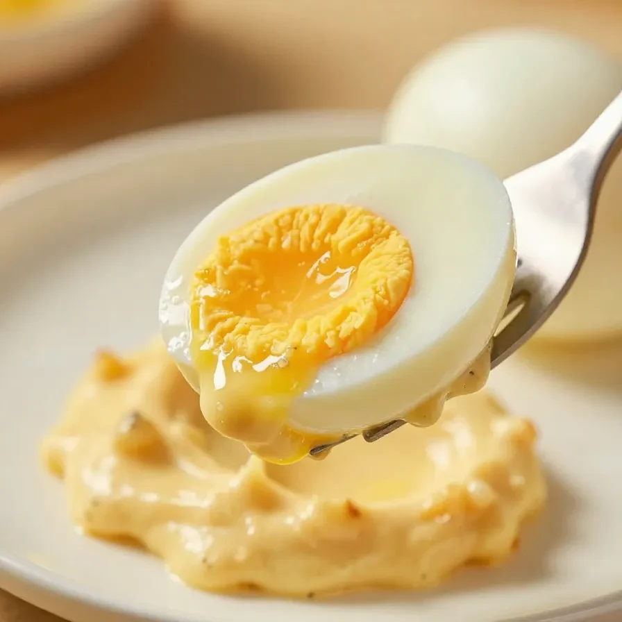 A plate of boiled eggs sliced in half with creamy mayonnaise topping.