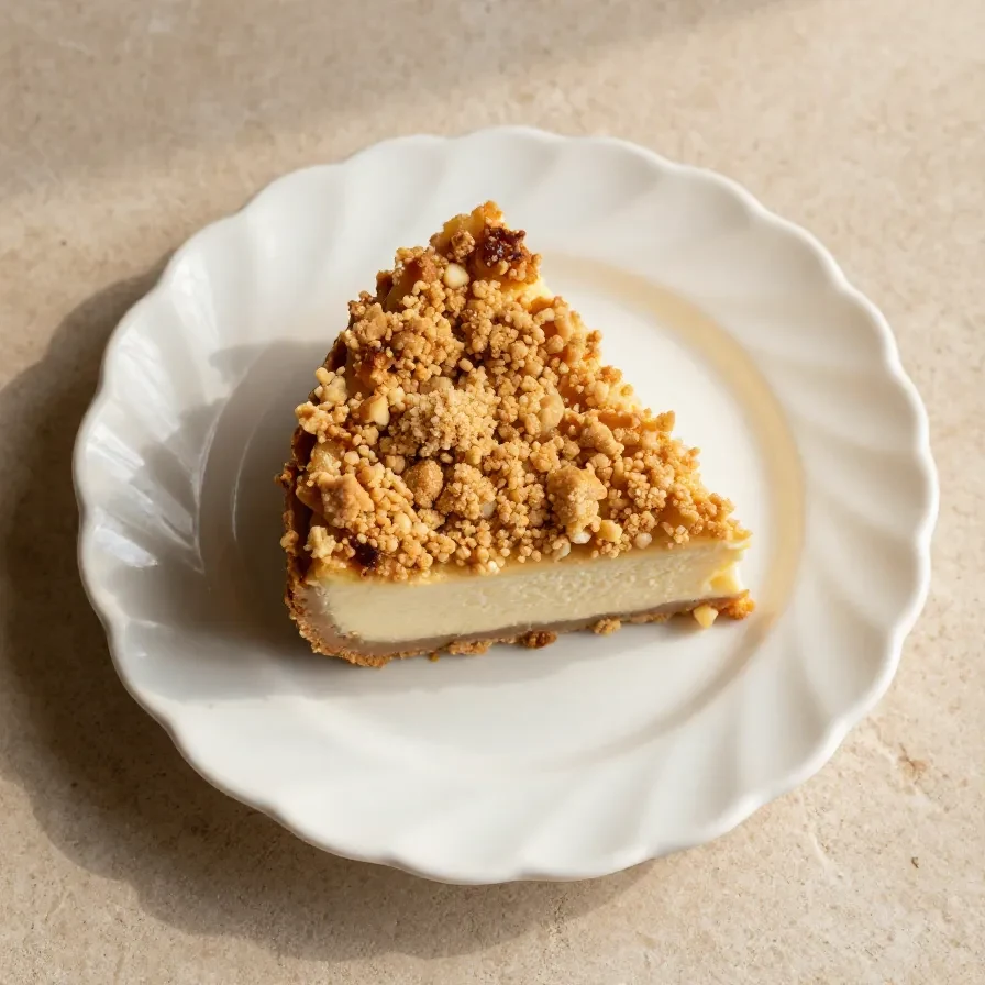 A slice of apple crumble cheesecake served on a white plate, topped with caramel sauce.