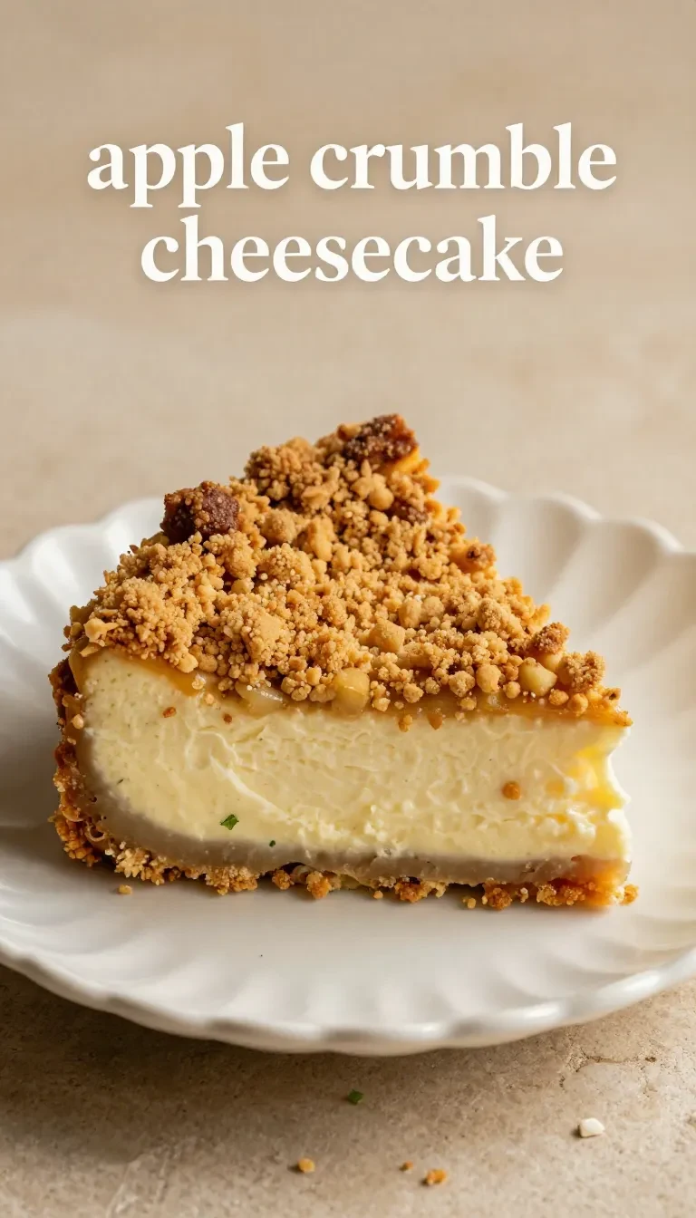 A slice of apple crumble cheesecake served on a white plate, topped with caramel sauce.