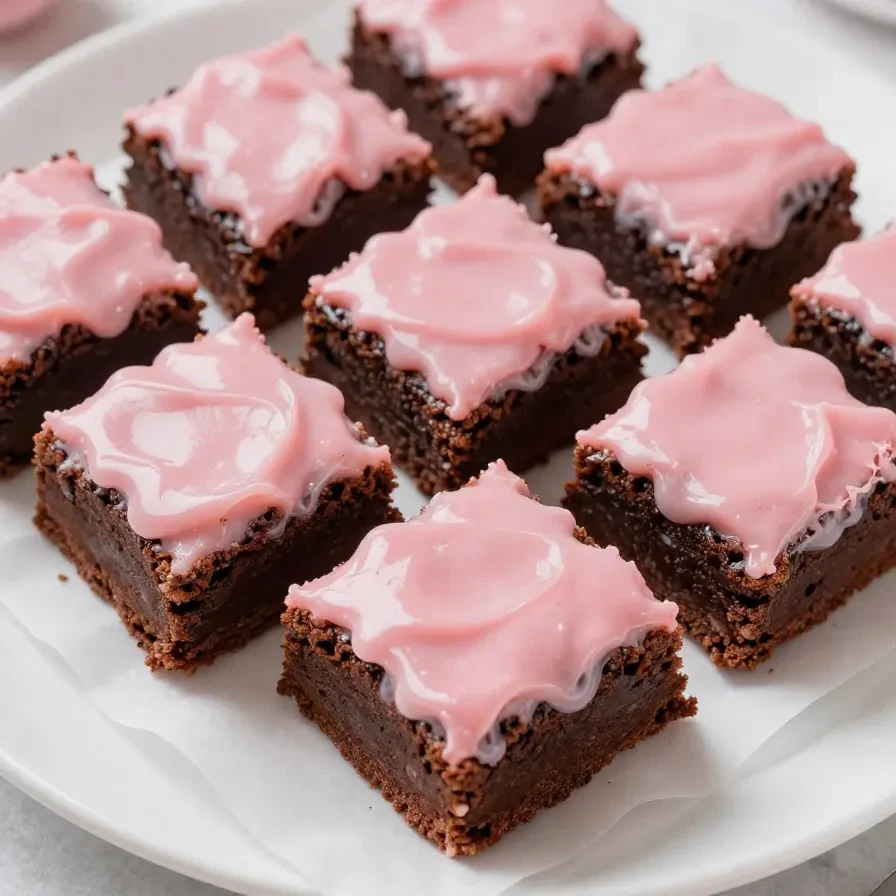 A close-up view of strawberry brownies topped with creamy frosting on a white plate.
