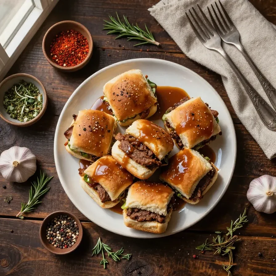 Close-up of French Dip sliders served with au jus gravy in a small bowl.