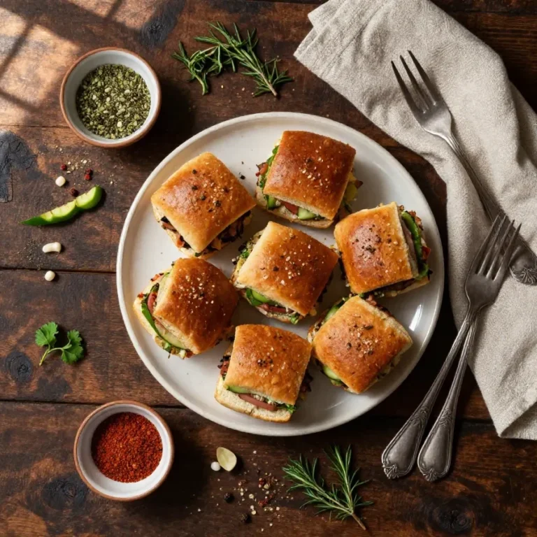 Close-up of easy French dip sliders served on a wooden platter, perfect for dinner or a party.