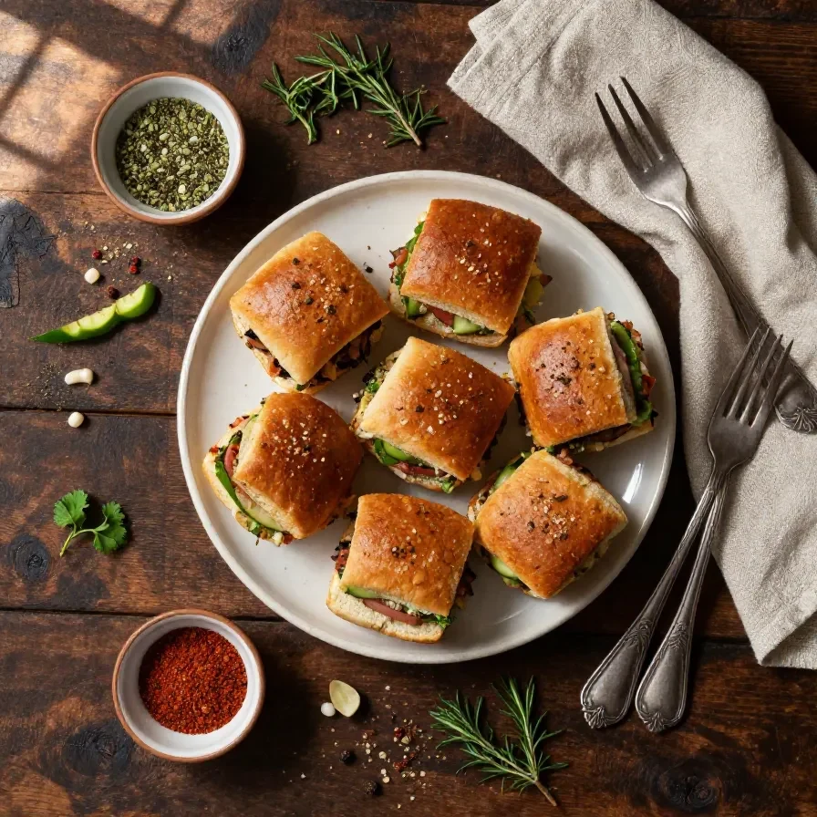 Close-up of easy French dip sliders served on a wooden platter, perfect for dinner or a party.