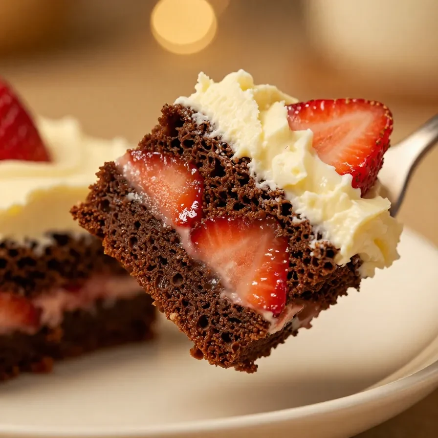 A close-up view of strawberry brownies topped with creamy frosting on a white plate.