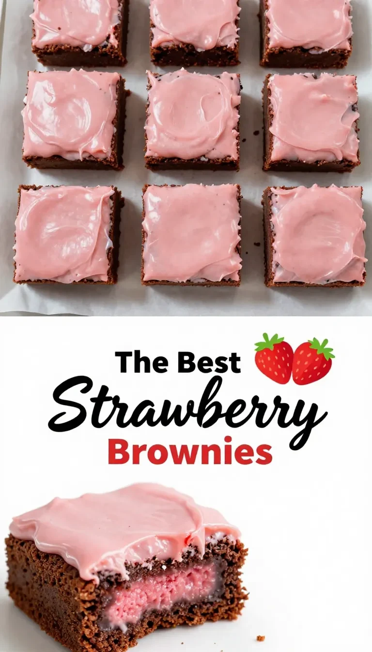 A close-up view of strawberry brownies topped with creamy frosting on a white plate.