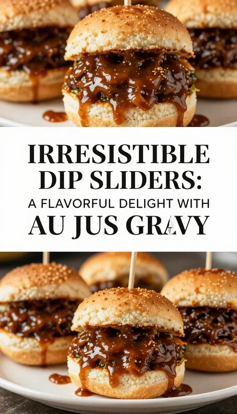 Close-up of French Dip sliders served with au jus gravy in a small bowl.