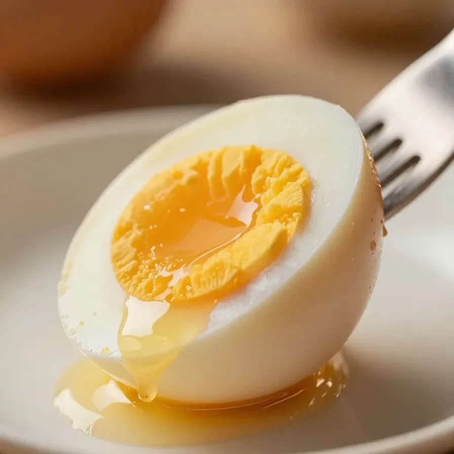 A close-up of soft-boiled eggs with perfectly runny yolks served in egg cups.