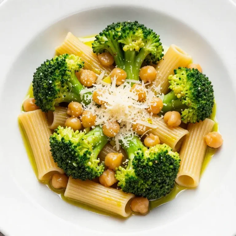 A bowl of broccoli chickpea pasta garnished with fresh herbs, showcasing a healthy vegetarian entree.