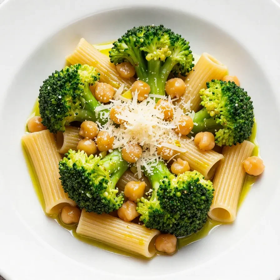A bowl of broccoli chickpea pasta garnished with fresh herbs, showcasing a healthy vegetarian entree.