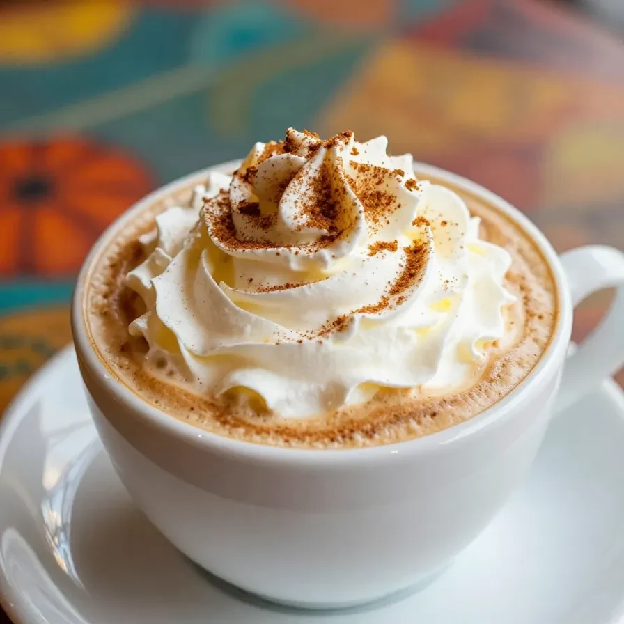 A close-up of a skinny pumpkin spice latte in a glass mug topped with whipped cream and cinnamon.