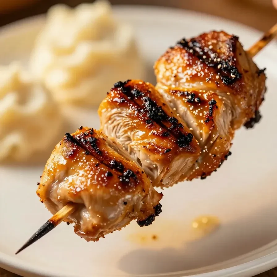 Grilled Mexican barbecue chicken skewers served on a wooden platter with fresh lime wedges and cilantro garnish.