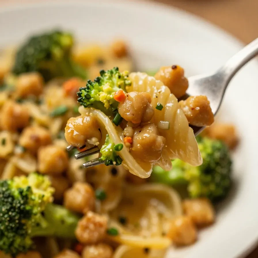 A bowl of broccoli chickpea pasta garnished with fresh herbs, showcasing a healthy vegetarian entree.