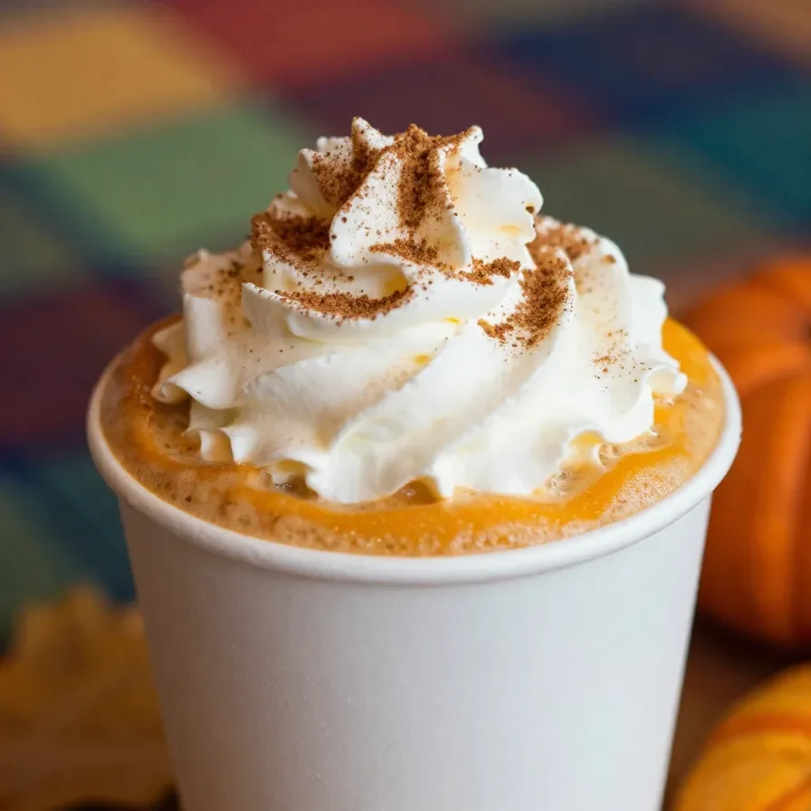 A close-up of a skinny pumpkin spice latte in a glass mug topped with whipped cream and cinnamon.