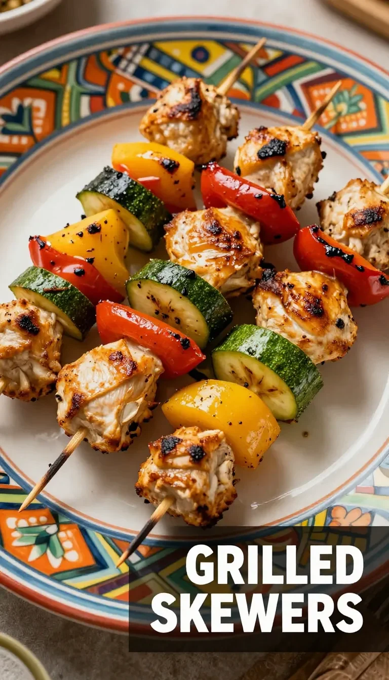 Grilled Mexican barbecue chicken skewers served on a wooden platter with fresh lime wedges and cilantro garnish.