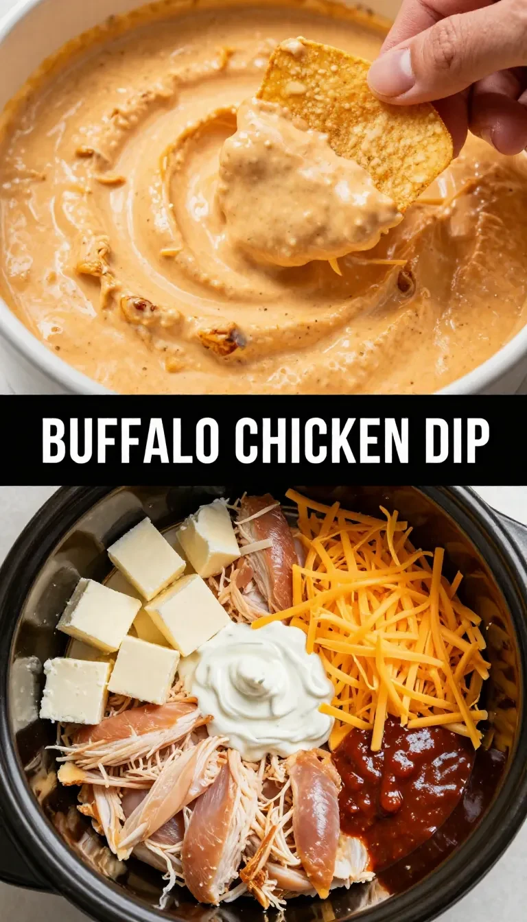 A bowl of creamy crockpot buffalo chicken dip garnished with green onions, served with tortilla chips.