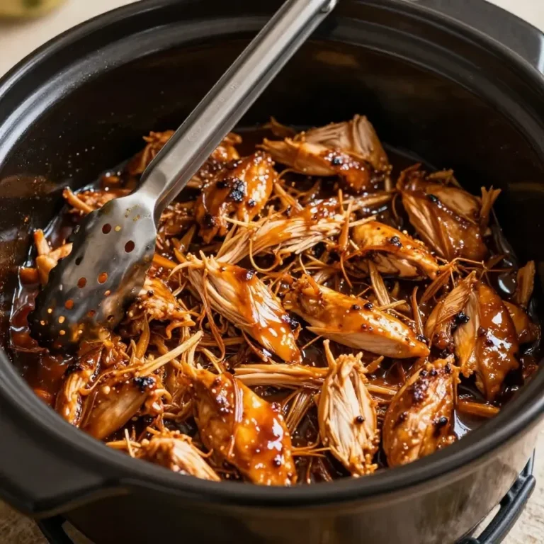 Juicy pulled BBQ chicken served in a bowl, cooked in a crockpot.