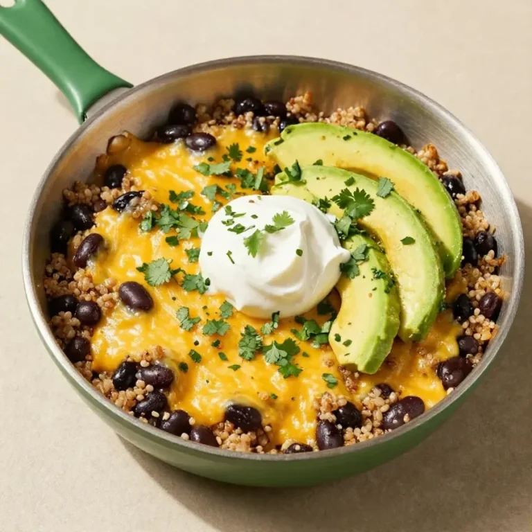 A skillet filled with cheesy quinoa, black beans, and taco seasoning, garnished with fresh cilantro.