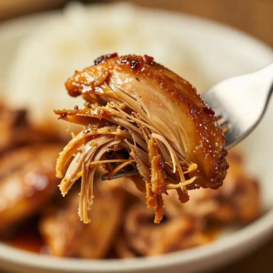 Juicy pulled BBQ chicken served in a bowl, cooked in a crockpot.