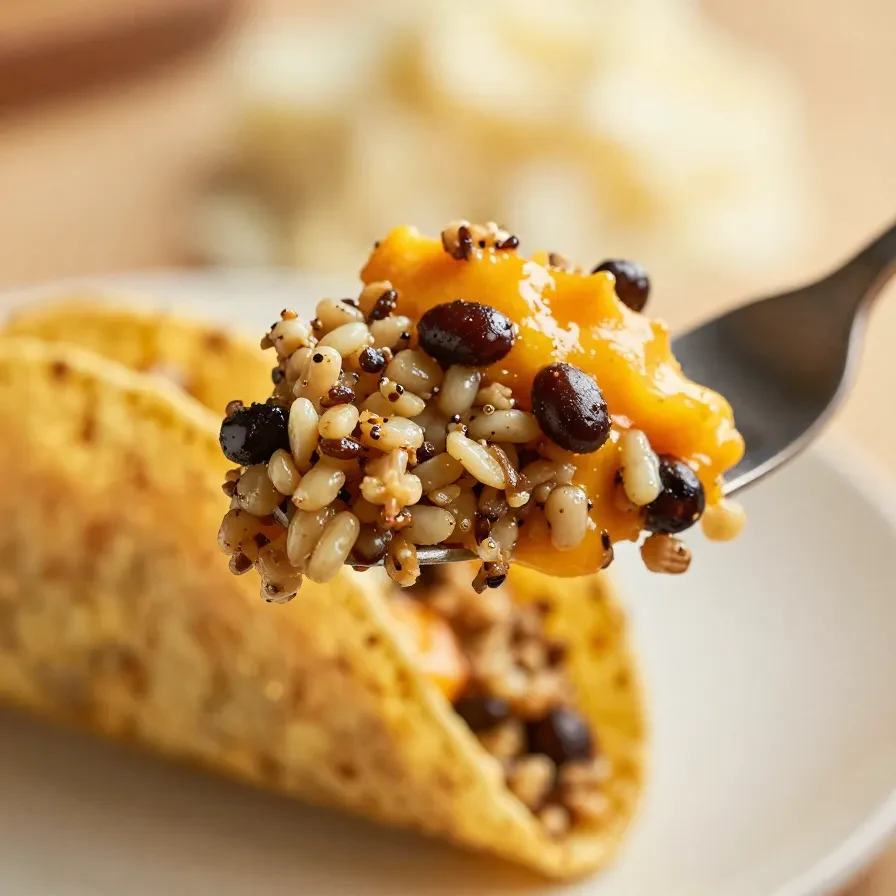 A skillet filled with cheesy quinoa, black beans, and taco seasoning, garnished with fresh cilantro.