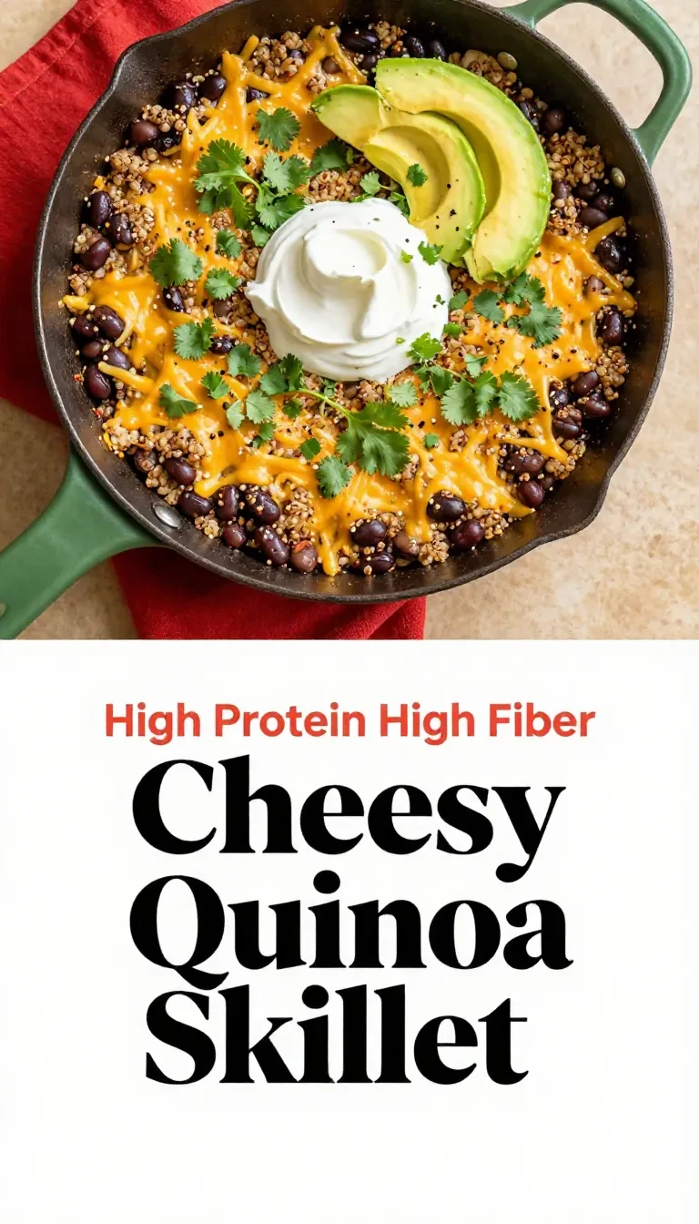 A skillet filled with cheesy quinoa, black beans, and taco seasoning, garnished with fresh cilantro.