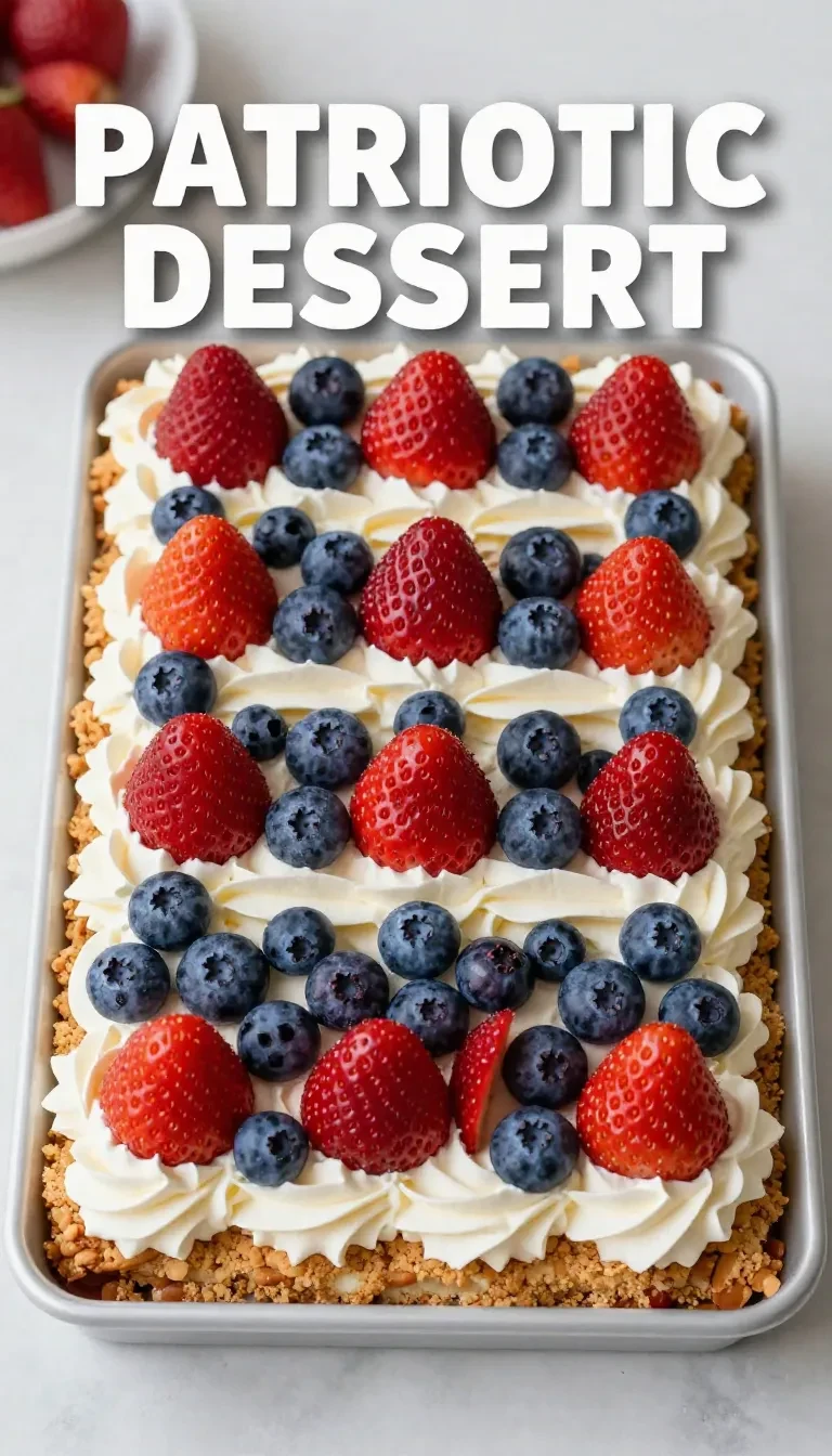 A vibrant strawberry pretzel jello salad served in a glass dish, topped with fresh strawberries.