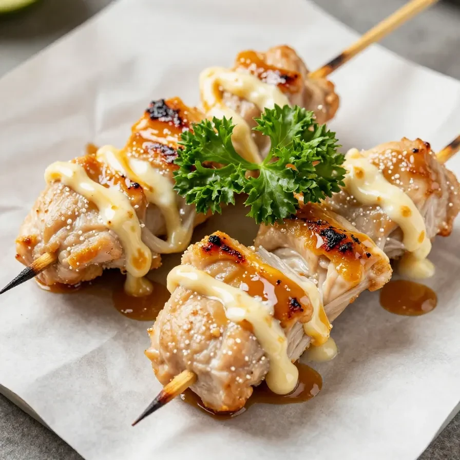 Grilled Bang Bang Chicken Skewers served on a white plate with fresh herbs.