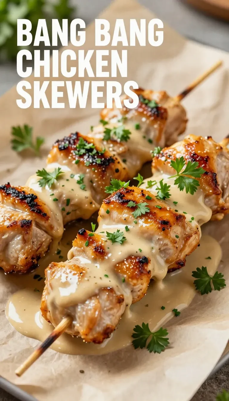 Grilled Bang Bang Chicken Skewers served on a white plate with fresh herbs.
