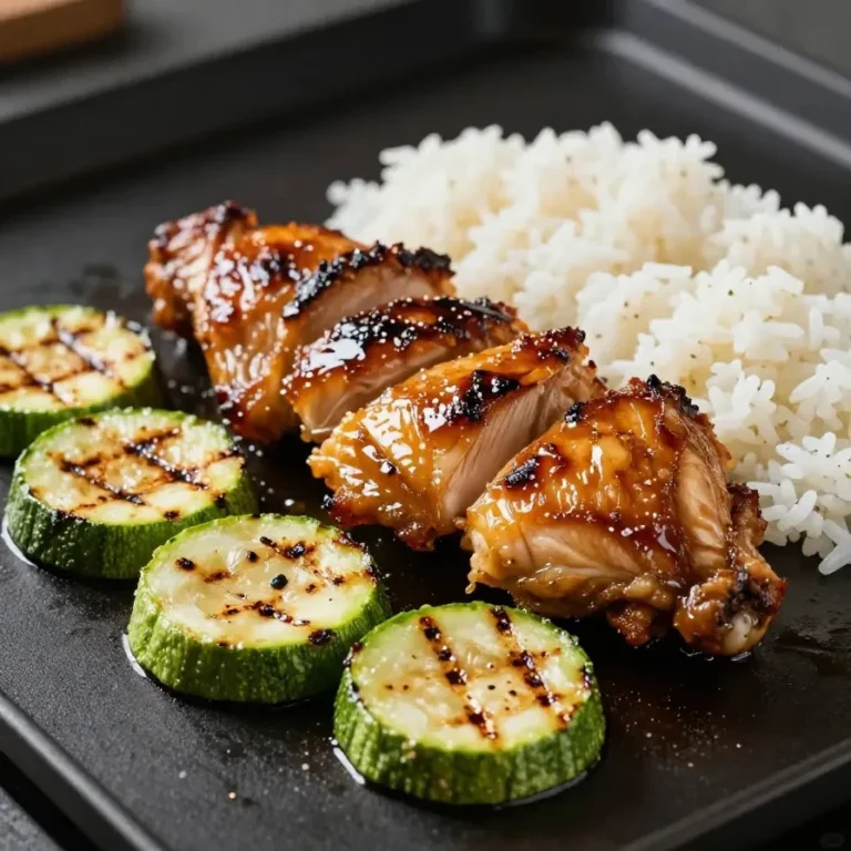 Close-up of hibachi chicken cooking on a Blackstone griddle with vegetables.