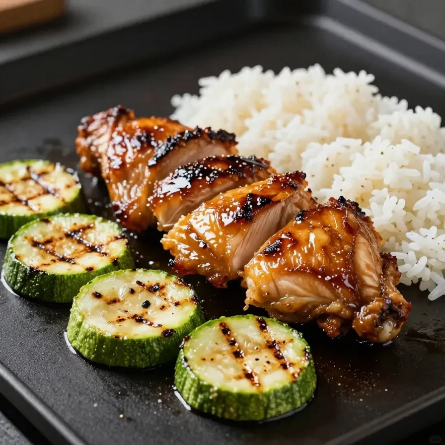 Close-up of hibachi chicken cooking on a Blackstone griddle with vegetables.