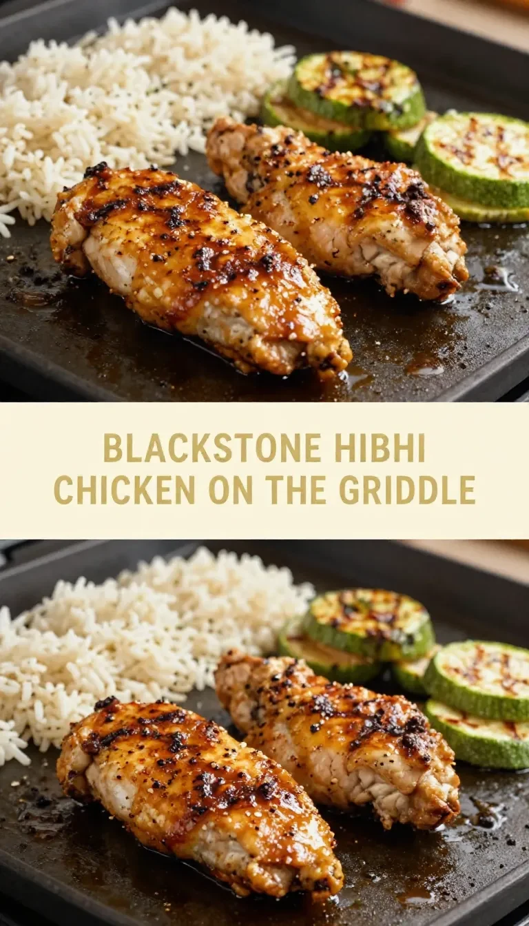 Close-up of hibachi chicken cooking on a Blackstone griddle with vegetables.