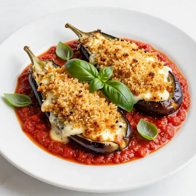 A freshly baked stuffed eggplant parmesan served on a white plate.