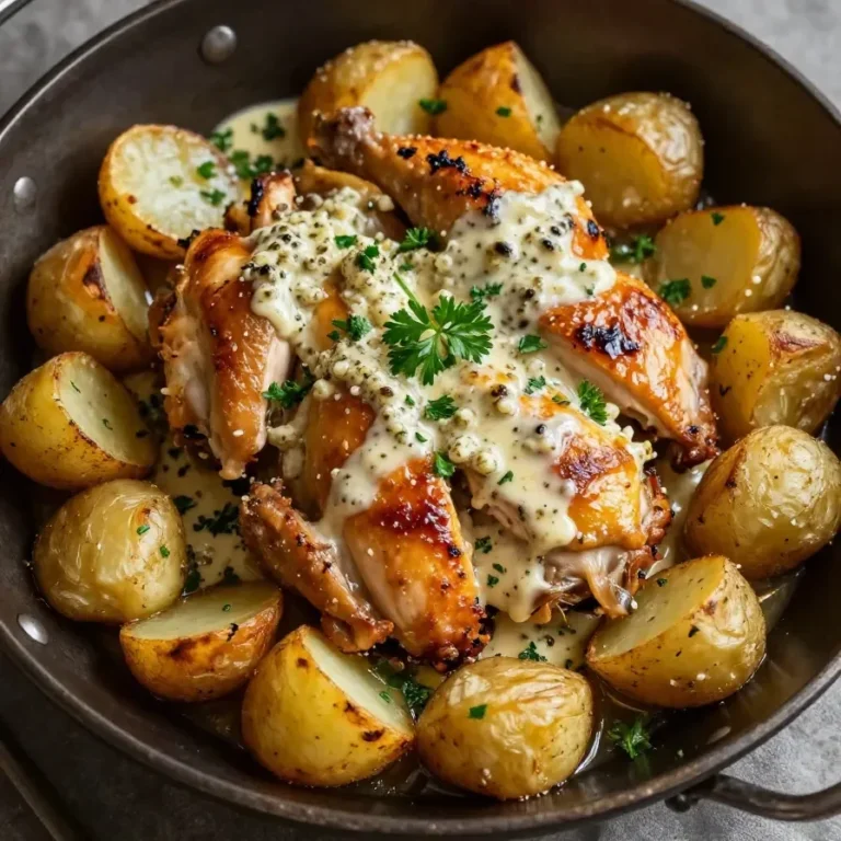 A crockpot filled with garlic parmesan chicken and potatoes, garnished with fresh parsley.