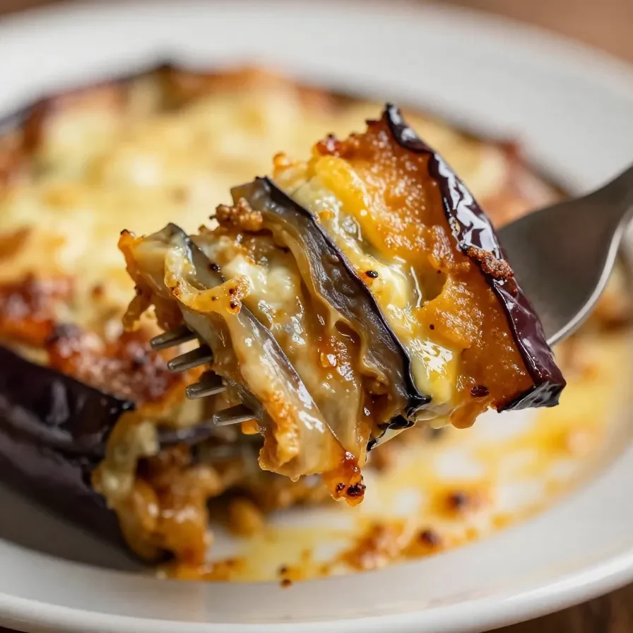 A freshly baked stuffed eggplant parmesan served on a white plate.