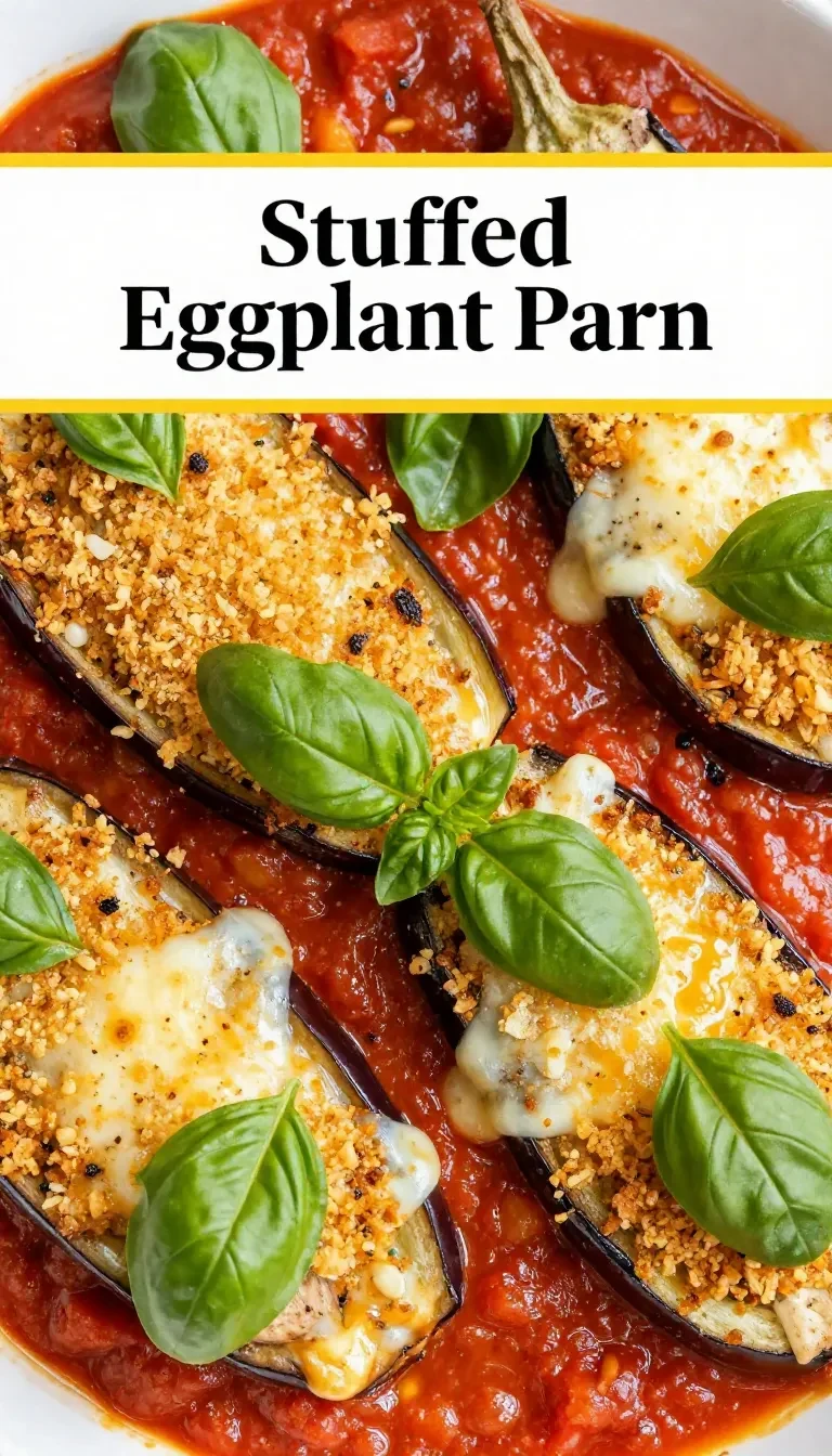 A freshly baked stuffed eggplant parmesan served on a white plate.