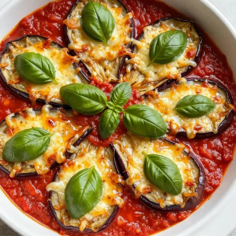 A plate of low carb and gluten-free eggplant parmesan topped with melted cheese and fresh basil.