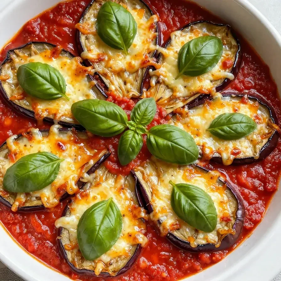 A plate of low carb and gluten-free eggplant parmesan topped with melted cheese and fresh basil.
