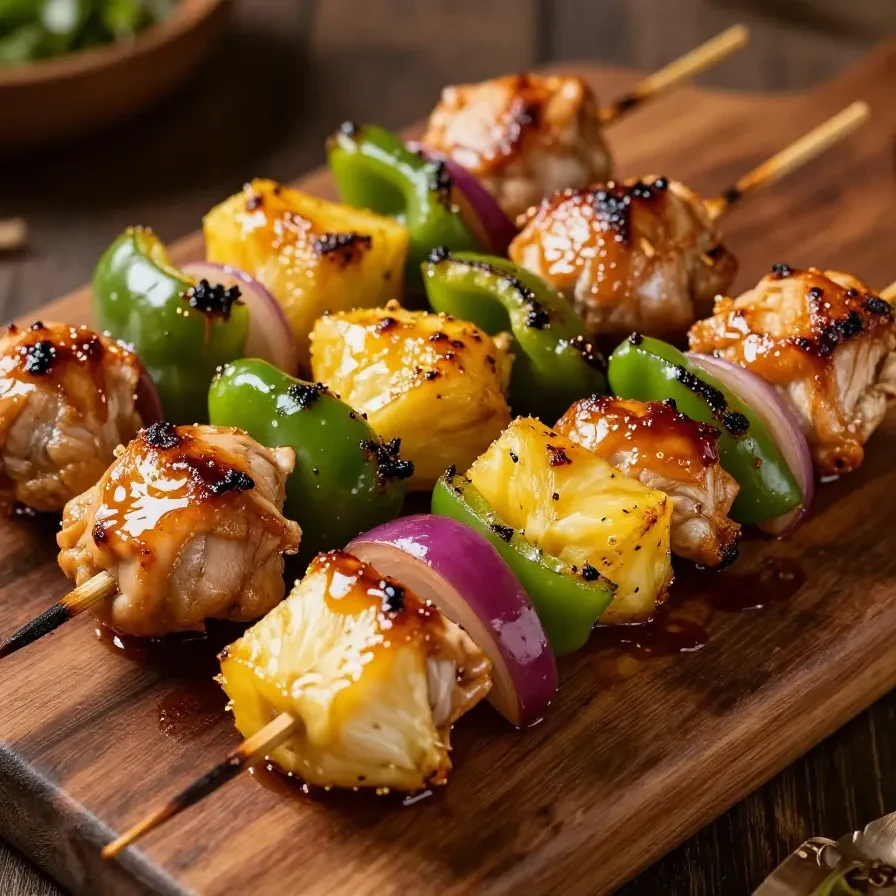 Grilled chicken and pineapple kabobs served on a wooden plate.