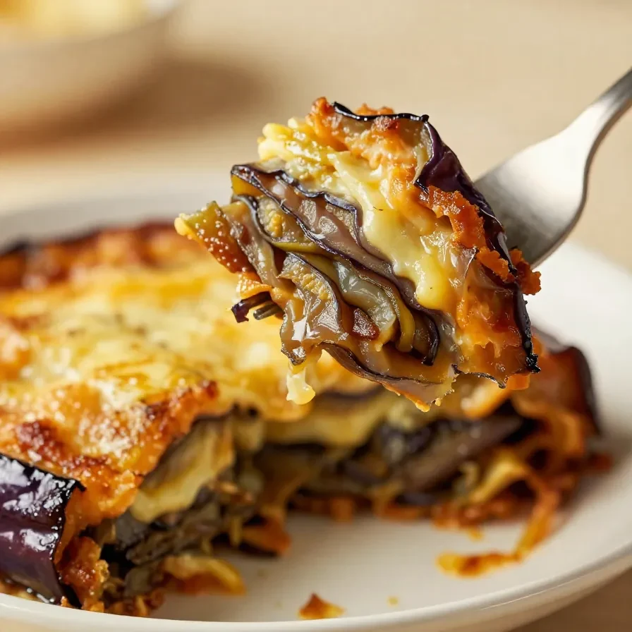 A plate of low carb and gluten-free eggplant parmesan topped with melted cheese and fresh basil.