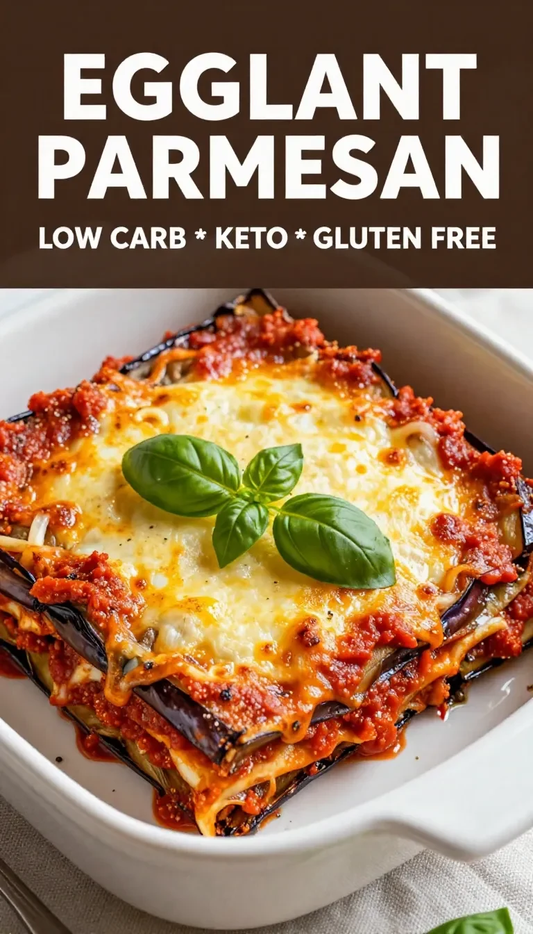 A plate of low carb and gluten-free eggplant parmesan topped with melted cheese and fresh basil.