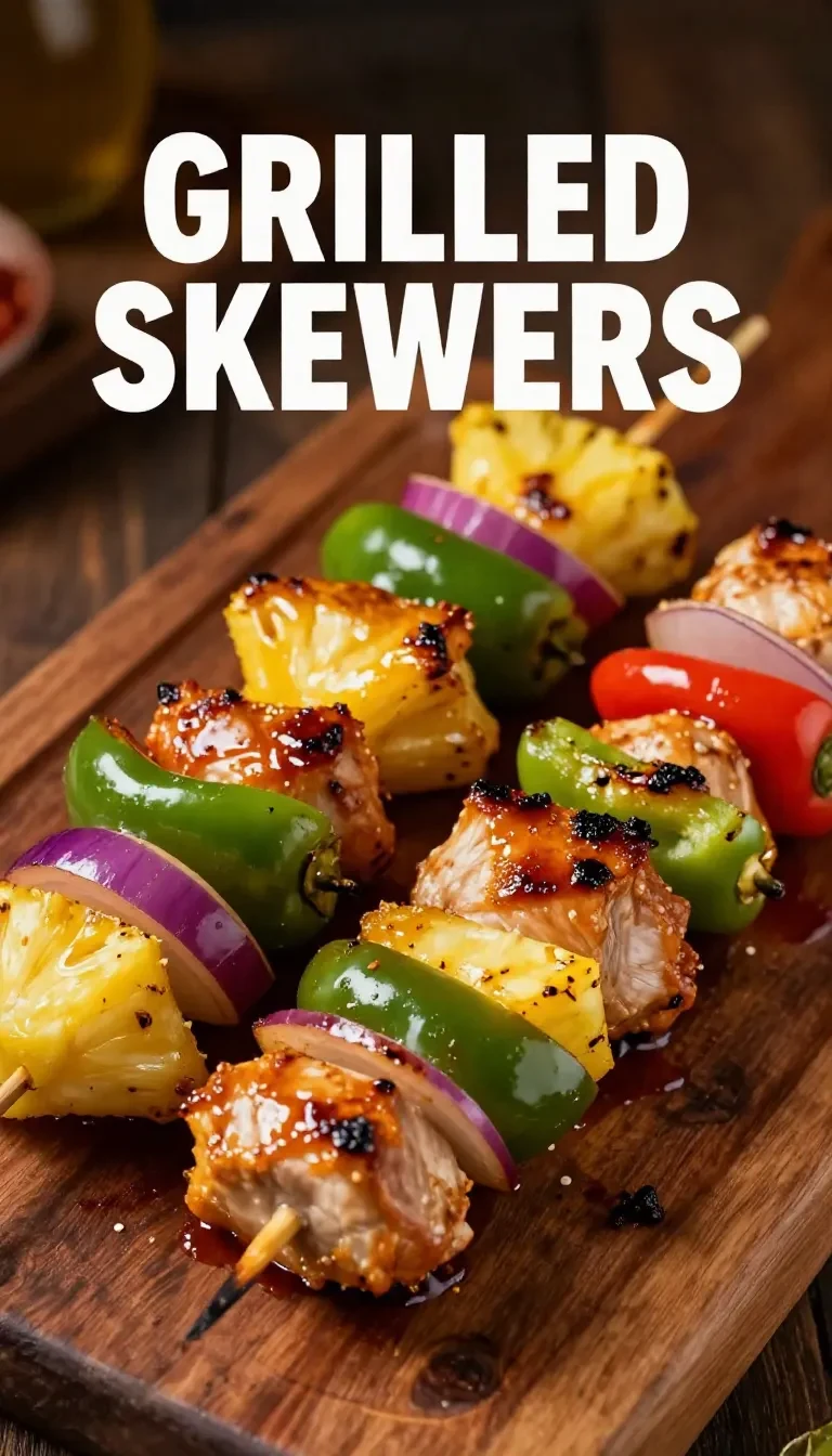 Grilled chicken and pineapple kabobs served on a wooden plate.